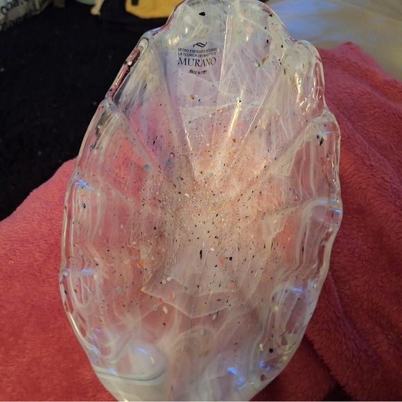 MURANO WHITE SWIRL ART GLASS OVAL BOWL SCALLOPED EDGE GROUND BOTTOM NEW - Picture 2 of 7